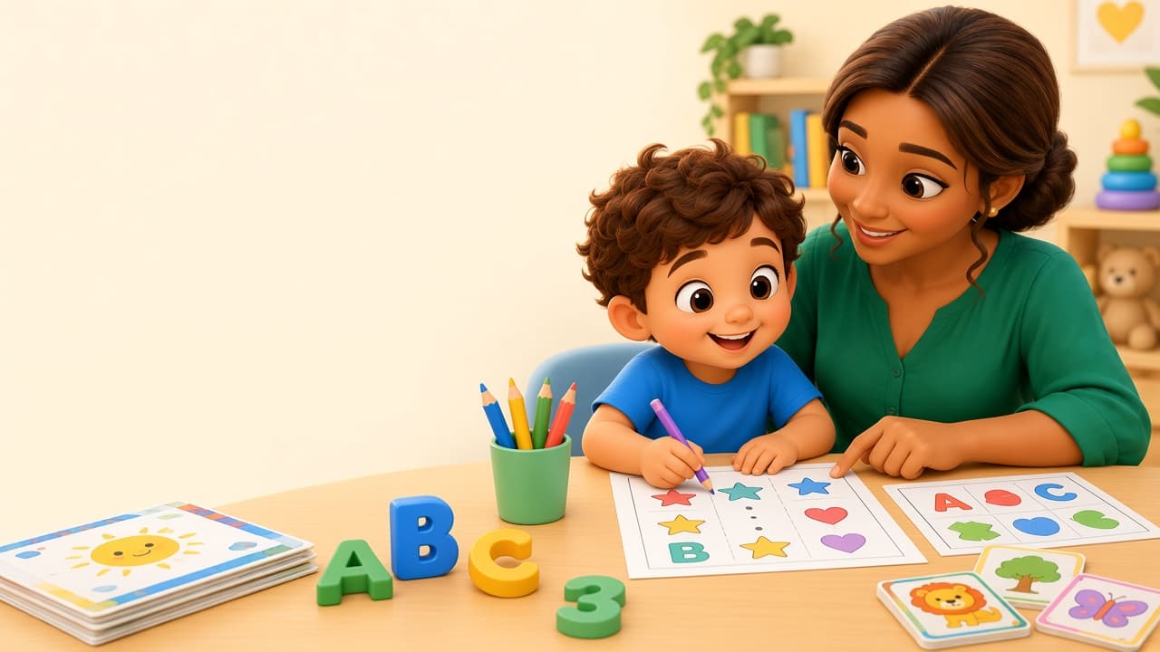 Mãe e filho fazendo juntos uma atividade impressa de formas e letras na mesa de casa